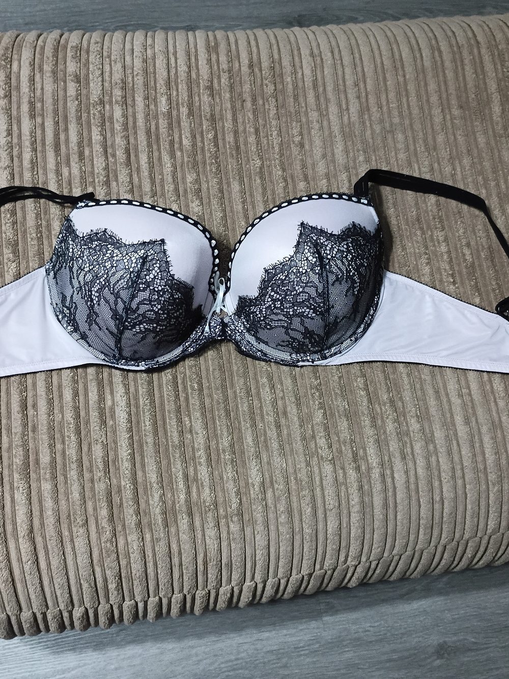 Victoria's Secret White Balconette Bra with Black Lace Overlay